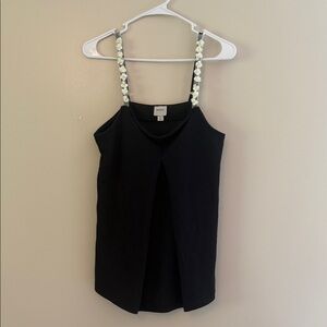 Maeve Anthropologie Black Crepe Top with 3D Floral Applique Straps size Small